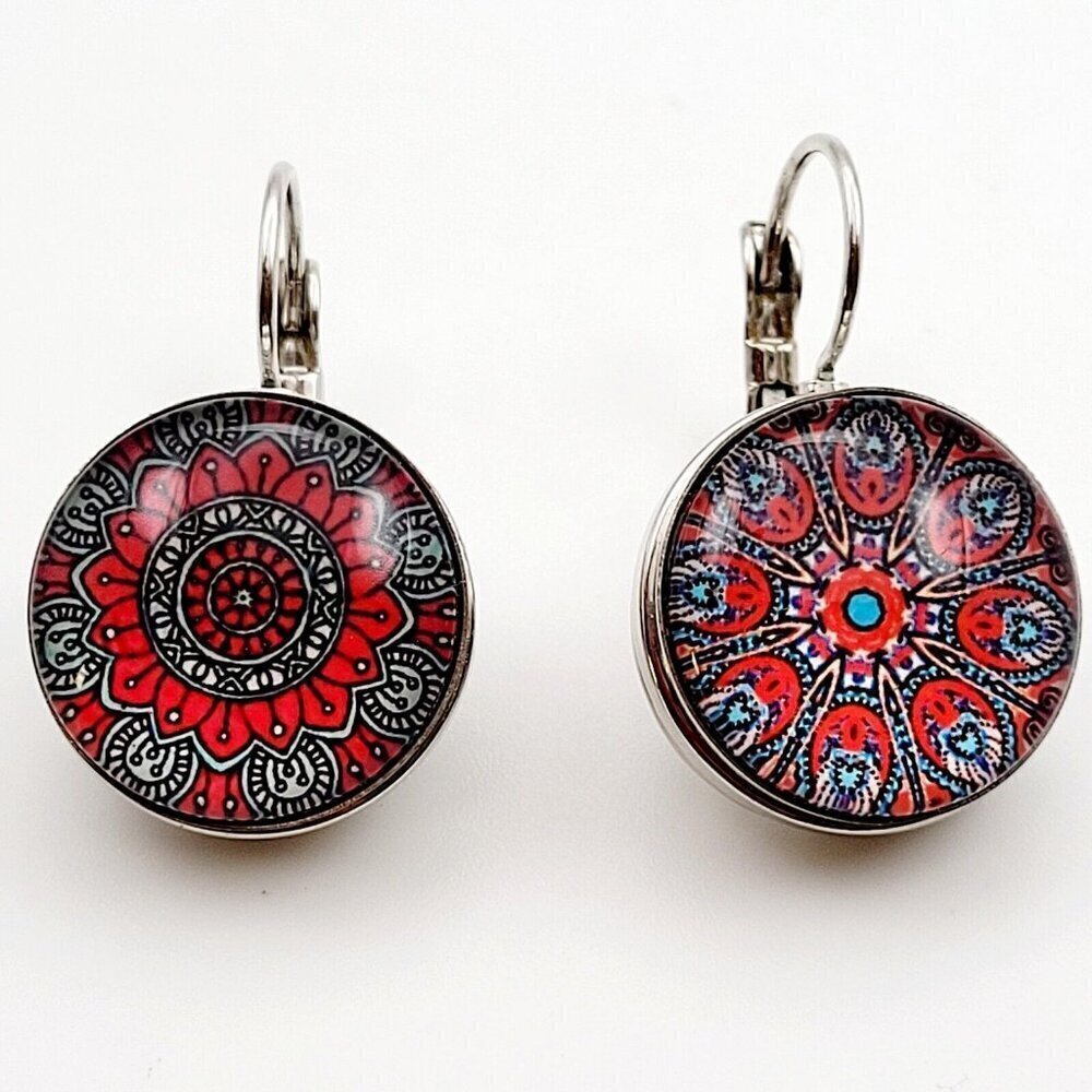 Mandala Patterned Glass Snap In Earrings Silver Toned Mix Matched Boho Gypsy EUC